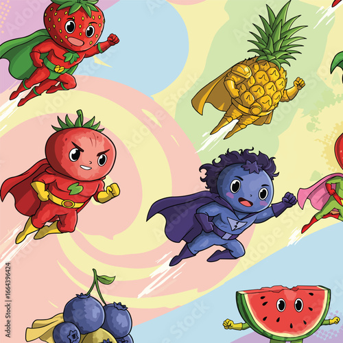 Seamless Pattern, Cartoon superhero fruits flying in colorful background vector illustration Stock royalty free image.