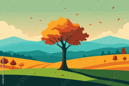 Vibrant autumn landscape with a lone tree and rolling hills
