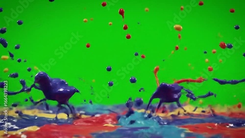 A colorful paint splash effect on a green screen background