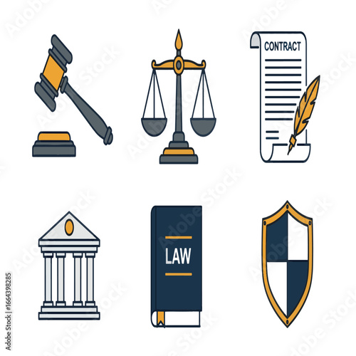 Legal icons set representing justice, law, and legal protection, including scales, gavel, law book, contract and shield, ideal for legal services marketing