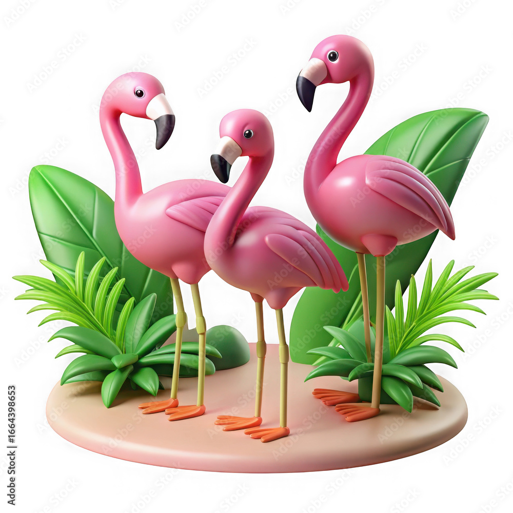 Obraz premium Three elegant pink flamingos gracefully standing on one leg amidst lush tropical foliage