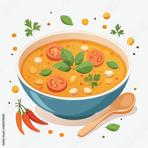 Colorful Lentil Soup In Blue Bowl With Wooden Spoon