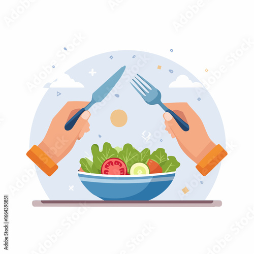 Hands Eating Salad With Fork And Knife