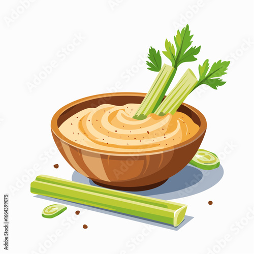 Hummus With Celery In Wooden Bowl