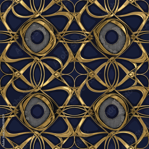 Seamless Pattern, Ornate art deco pattern featuring elegant gold lines on a deep blue background Stock royalty free image.
