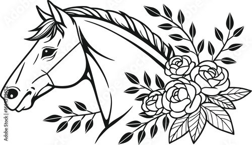 Ornate horse illustration with intricate line patterns art, Detailed horse head illustration with floral patterns ideal for coloring book enthusiasts delighting in art