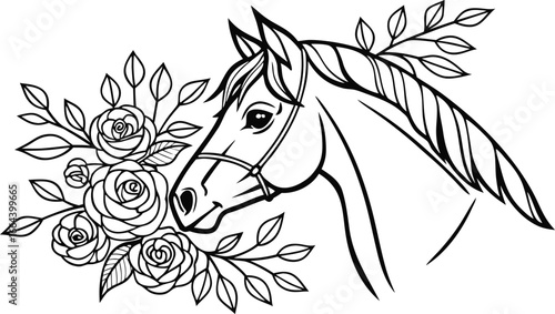 Ornate horse illustration with intricate line patterns art, Detailed horse head illustration with floral patterns ideal for coloring book enthusiasts delighting in art