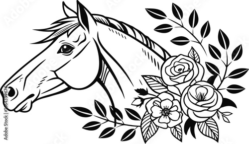 Ornate horse illustration with intricate line patterns art, Detailed horse head illustration with floral patterns ideal for coloring book enthusiasts delighting in art