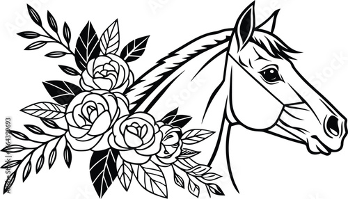 Ornate horse illustration with intricate line patterns art, Detailed horse head illustration with floral patterns ideal for coloring book enthusiasts delighting in art