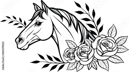 Ornate horse illustration with intricate line patterns art, Detailed horse head illustration with floral patterns ideal for coloring book enthusiasts delighting in art