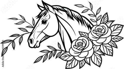 Ornate horse illustration with intricate line patterns art, Detailed horse head illustration with floral patterns ideal for coloring book enthusiasts delighting in art