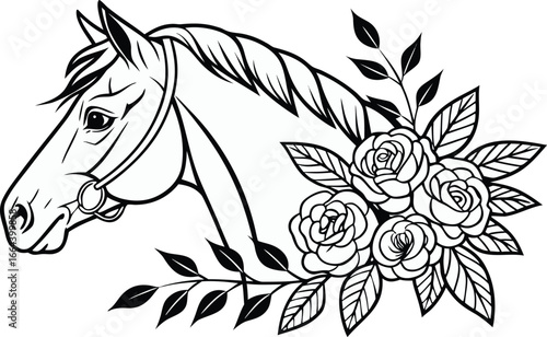 Ornate horse illustration with intricate line patterns art, Detailed horse head illustration with floral patterns ideal for coloring book enthusiasts delighting in art