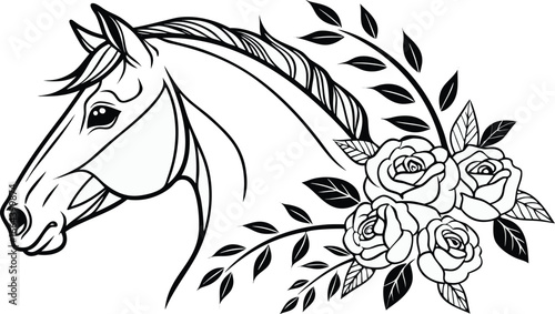 Ornate horse illustration with intricate line patterns art, Detailed horse head illustration with floral patterns ideal for coloring book enthusiasts delighting in art