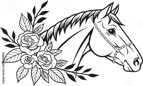 Ornate horse illustration with intricate line patterns art, Detailed horse head illustration with floral patterns ideal for coloring book enthusiasts delighting in art