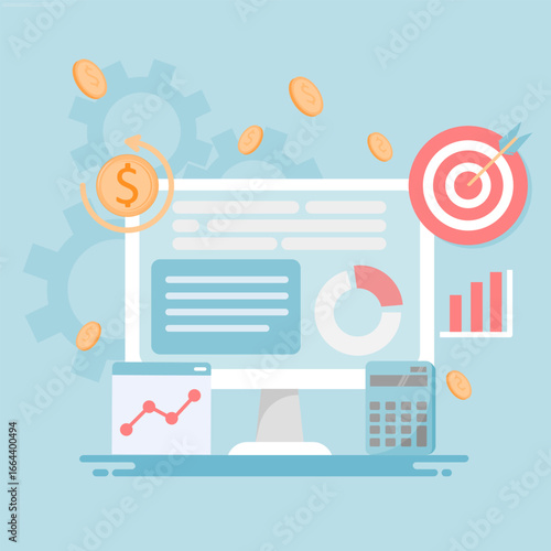 Return on Investment, Business, and Profit. Flat style illustration with isolated icons on a blue background.