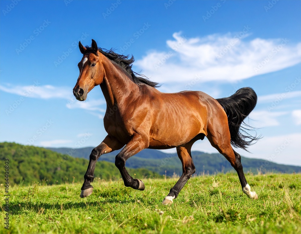 Obraz premium Brown horse galloping in green meadow