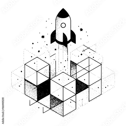 A rocket launching upwards from a geometric structure with stars and dotted lines in black and white style
