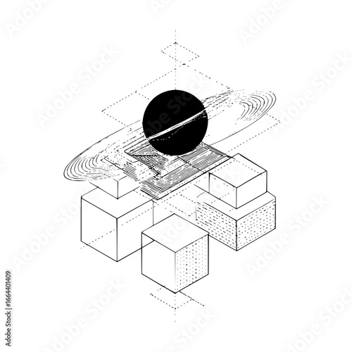 Isometric view of stacked cubes with a black circle and orbital lines in a black and white drawing
