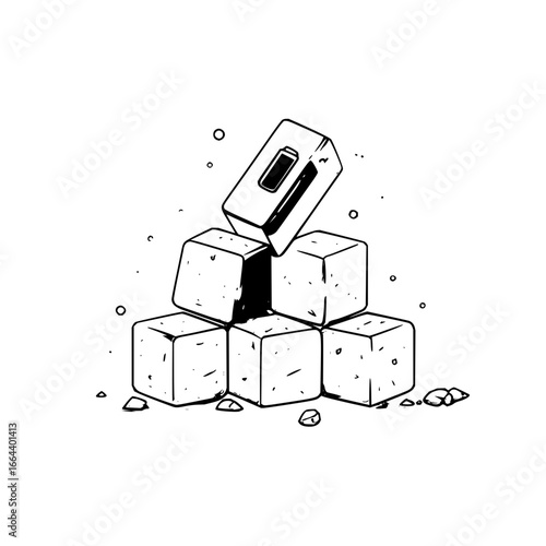 Illustration of a stack of six cubes with a rectangular prism on top in black and white style