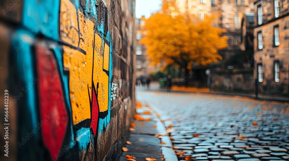 Fototapeta premium A close-up of a wall with graffiti on it, next to an old cobblestone path in Edinburgh