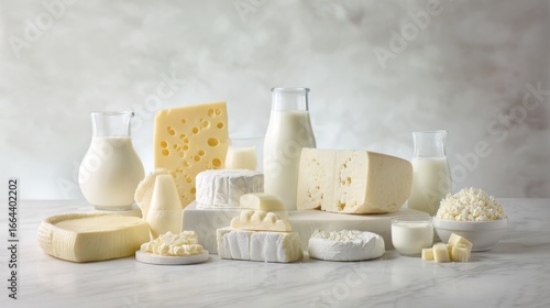 Assorted dairy products arranged on a marble surface, highlighted by cool overhead lighting.