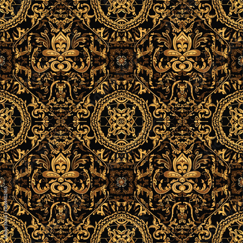 Seamless Pattern, Ornate gold floral pattern in vintage style with dark background evokes luxury Stock royalty free