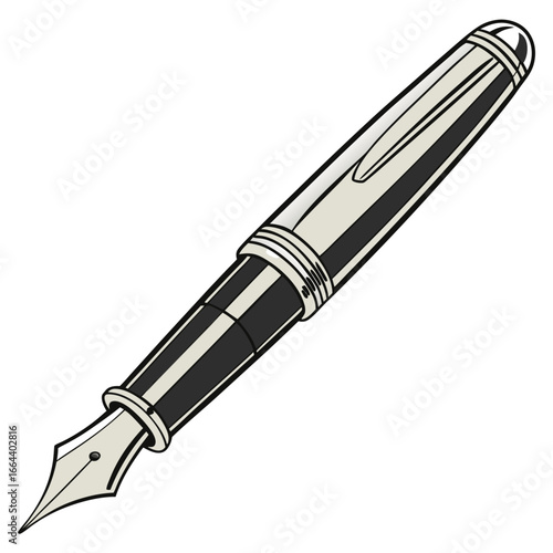 A classic black and silver fountain pen with a pointed nib and clip on a white background