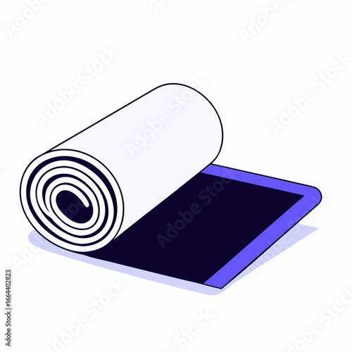 A rolled up yoga mat partially unrolled on a flat surface with a dark purple mat and a light purple border
