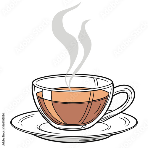 A clear glass cup of hot beverage with steam rising sits on a saucer isolated on white
