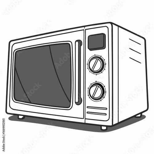 A simple black and white cartoon illustration of a modern kitchen microwave oven with a glass door and control knobs