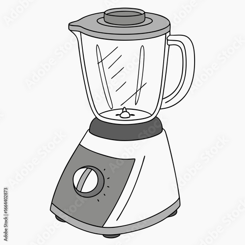 A simple hand drawn illustration of a modern electric blender with a clear jug and a control dial on a white background