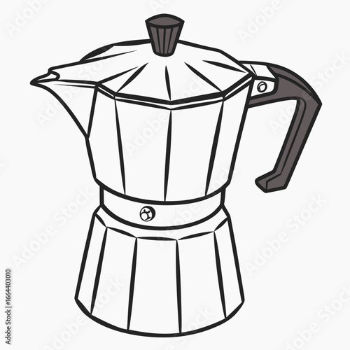 Classic italian moka pot coffee maker with a simple black and white line art illustration