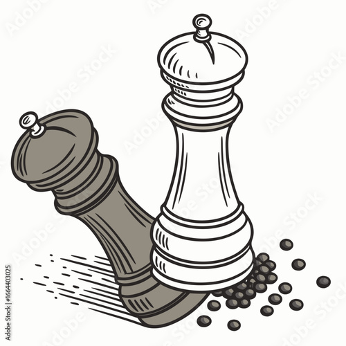 Classic salt and pepper grinders with scattered peppercorns and a stylized shadow effect