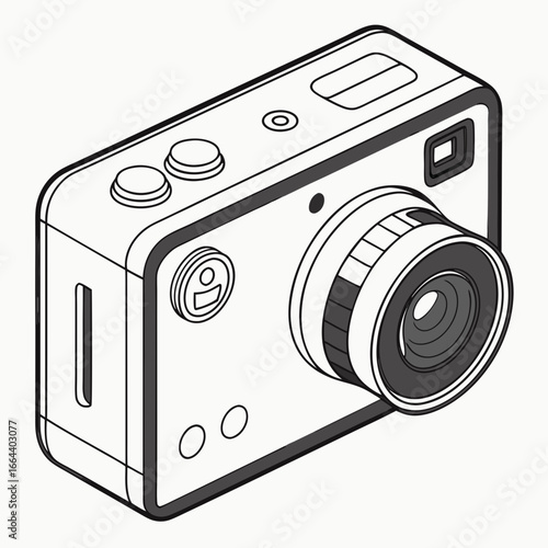 Clean line art illustration of a modern digital camera in isometric perspective on a white background