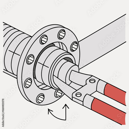 Close up illustration of a mechanic using snap ring pliers to install or remove a retaining ring on a pipe flange