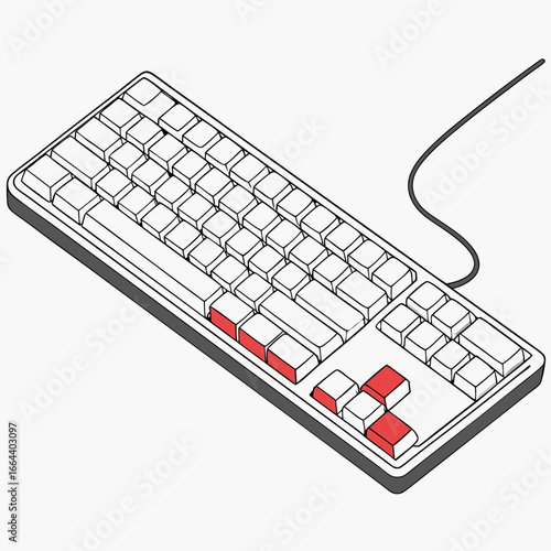 Close up of a modern computer keyboard with red highlighted keys in a clean isometric perspective