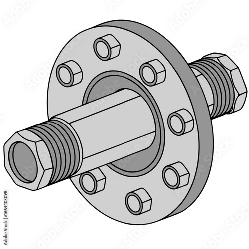 Close up illustration of a metal pipe flange with bolts and threaded pipe ends on a white background