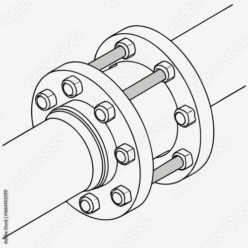 Close up isometric view of a flange joint connecting two pipes with bolts and nuts
