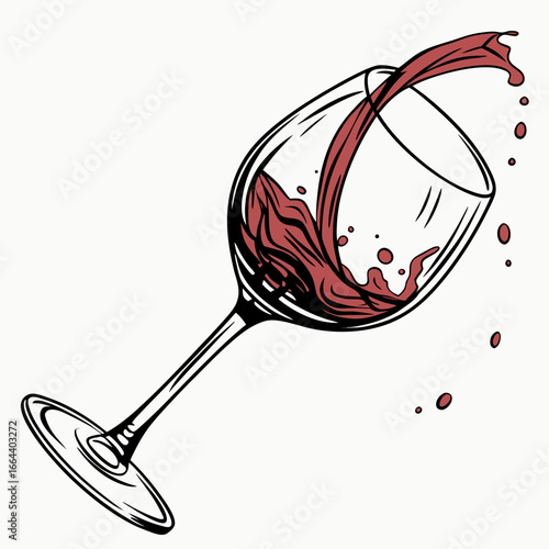 Dynamic illustration of red wine splashing out of a tilted wine glass with droplets in motion
