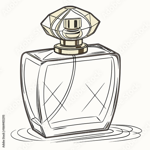 Elegant faceted crystal perfume bottle with gold accents on a white background with subtle ripple effect