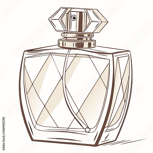 Elegant faceted glass perfume bottle with a geometric cap and subtle shading on a white background