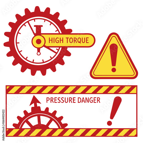 Industrial warning signs for high torque and pressure danger with gears and exclamation marks