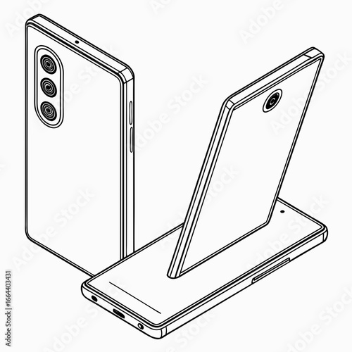 Isometric line art illustration of a modern foldable smartphone in open and closed positions showcasing its design