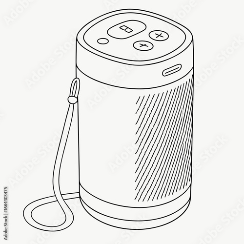 Modern cylindrical portable bluetooth speaker with a carrying strap and tactile buttons on top