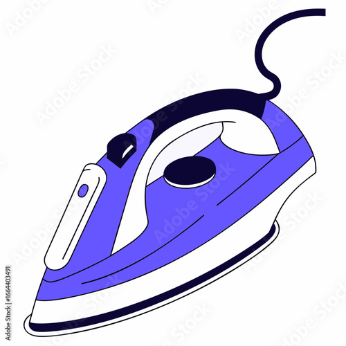 Modern electric steam iron with a blue and white design and a black cord on a white background