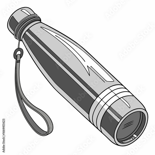 Modern sleek metallic water bottle with a convenient carrying strap isolated on a white background
