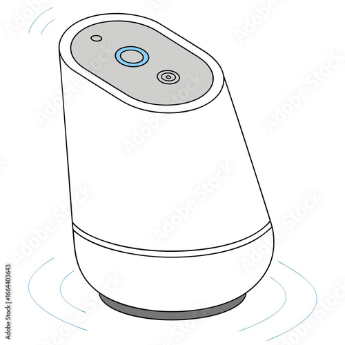 Modern smart speaker with glowing blue ring and sound waves indicating audio output