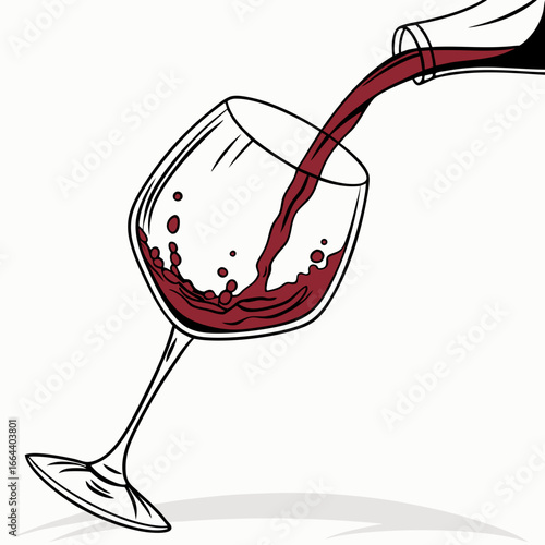 Red wine being poured from a bottle into a tilted wine glass creating a splash
