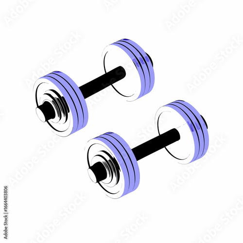 Pair of stylized purple and silver dumbbells isolated on a white background for fitness and exercise