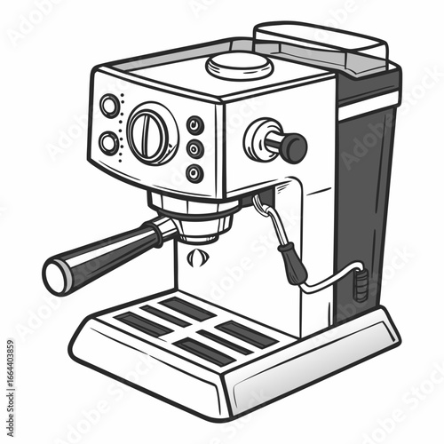 Stylized black and white illustration of a modern espresso machine with a portafilter and steam wand